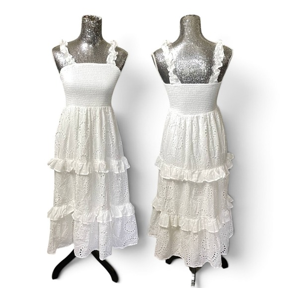 Aura Dresses & Skirts - AURA White Cotton Eyelet Tiered Ruffle Smocked Maxi Dress M Cottagecore